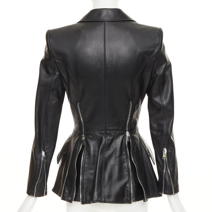 ALEXANDER MCQUEEN 2021 Zip Detail Peplum black lambskin leather blazer IT40 S