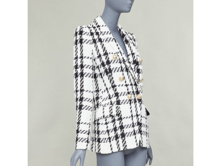 BALMAIN checked black white cotton tweed double breasted blazer jacket FR36 S