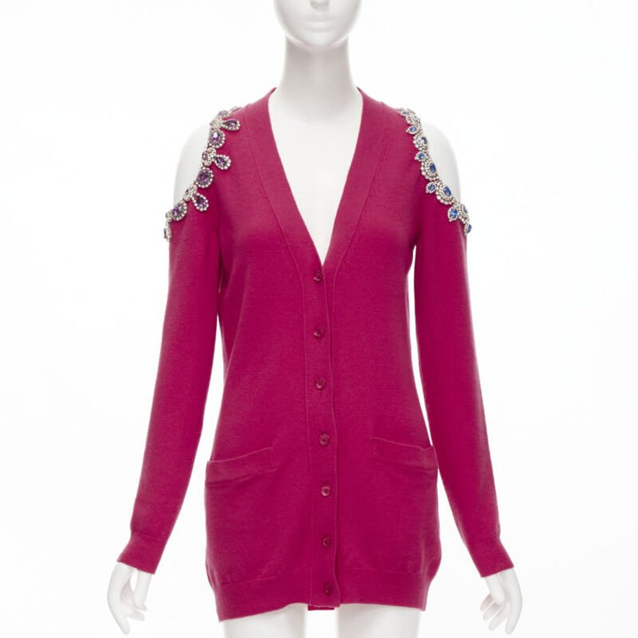 MOSCHINO fuschia pink cashmere crystal jewel cold shoulder cardigan IT38