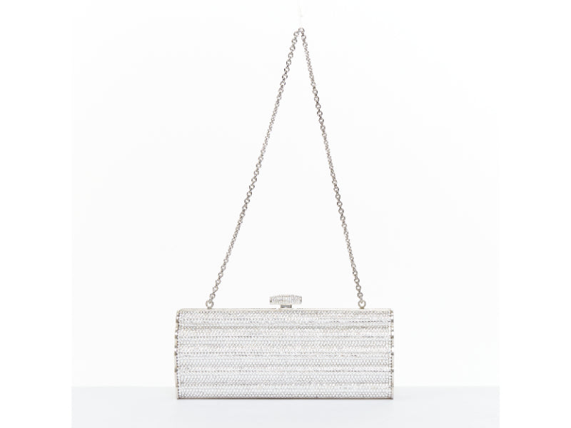 JUDITH LEIBER silver crystal encrusted metal clasp chained minaudiere clutch bag