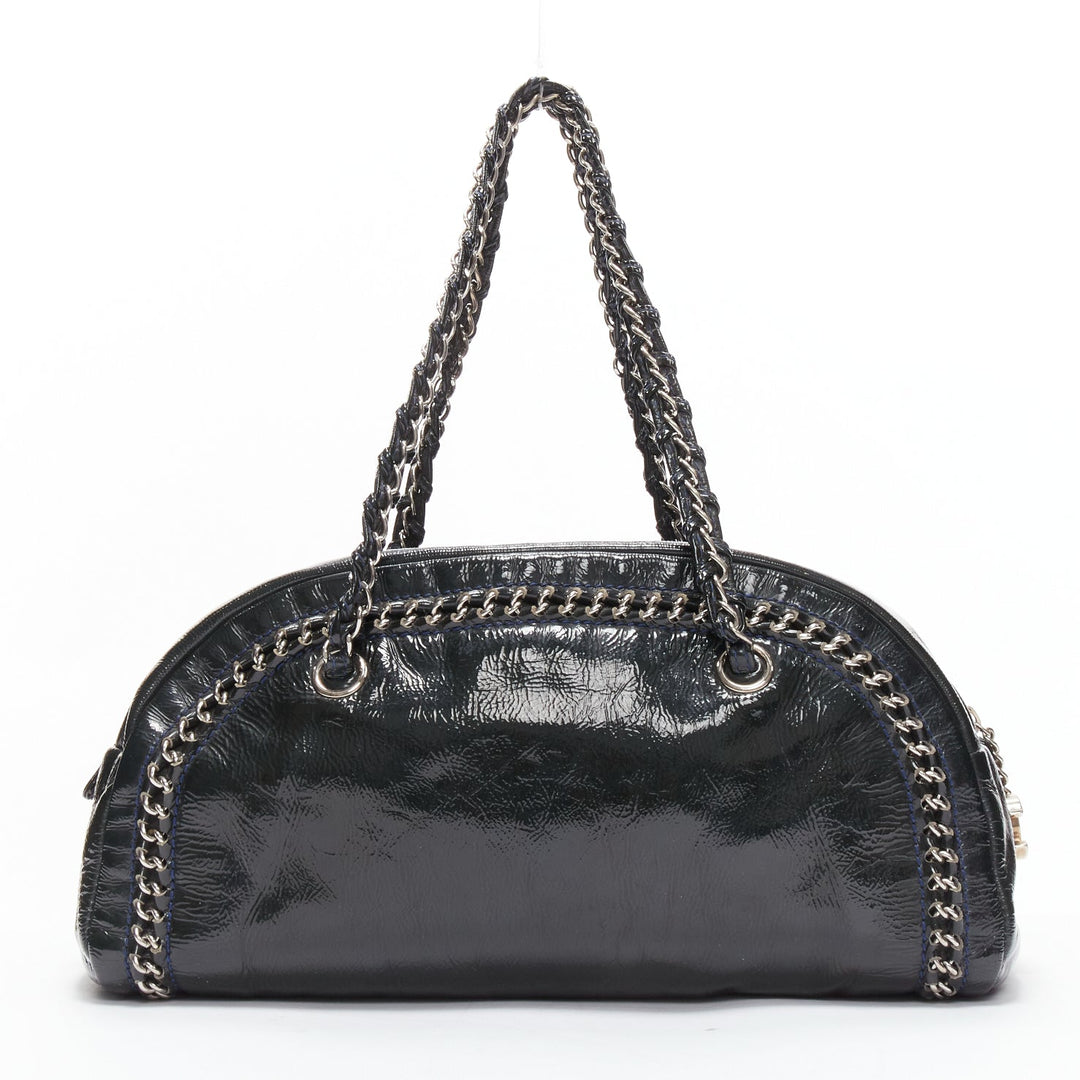 CHANEL Ligne Bowler black patent leather CC woven chain satchel bag