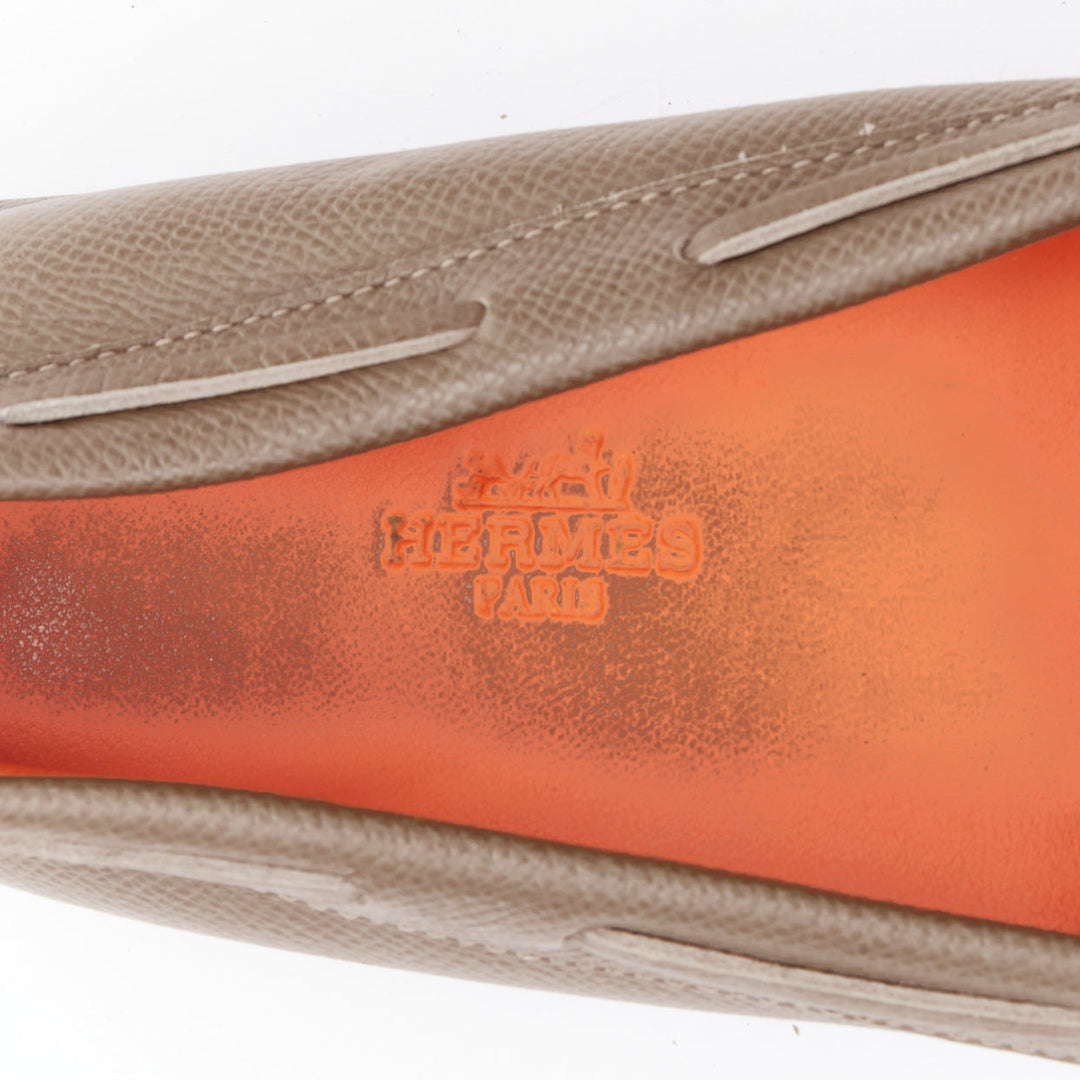 HERMES Irving stone taupe leather silver stud driving loafers EU35.5