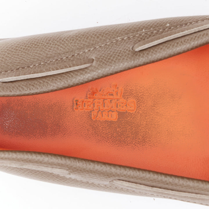HERMES Irving stone taupe leather silver stud driving loafers EU35.5