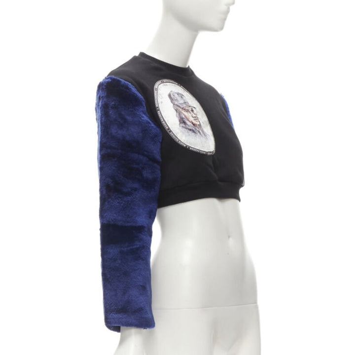 NASIR MAZHAR black velvet print blue faux fur sleeve cropped sweatshirt S