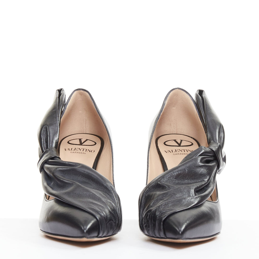 VALENTINO black leather oversized bow point toe kitten pumps EU37