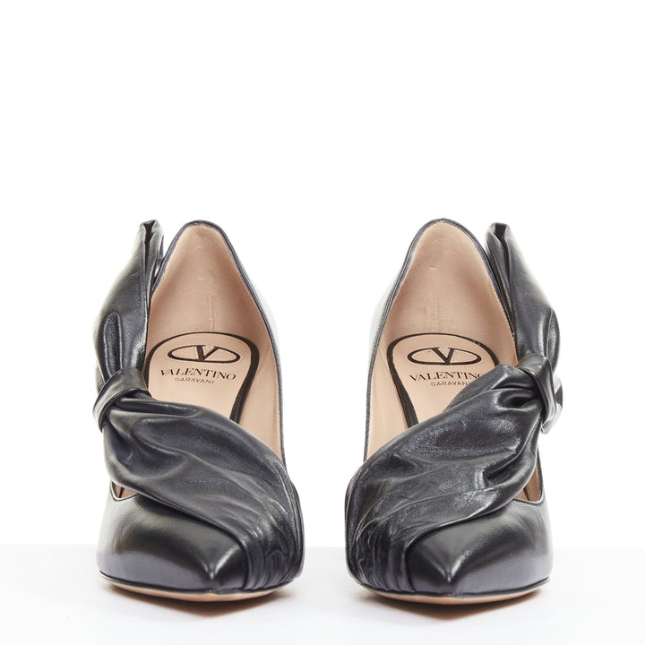 VALENTINO black leather oversized bow point toe kitten pumps EU37