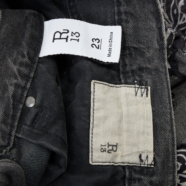 R13 2024 Venti black paisley raw hem drop crotch loose boyfriend jeans 23"