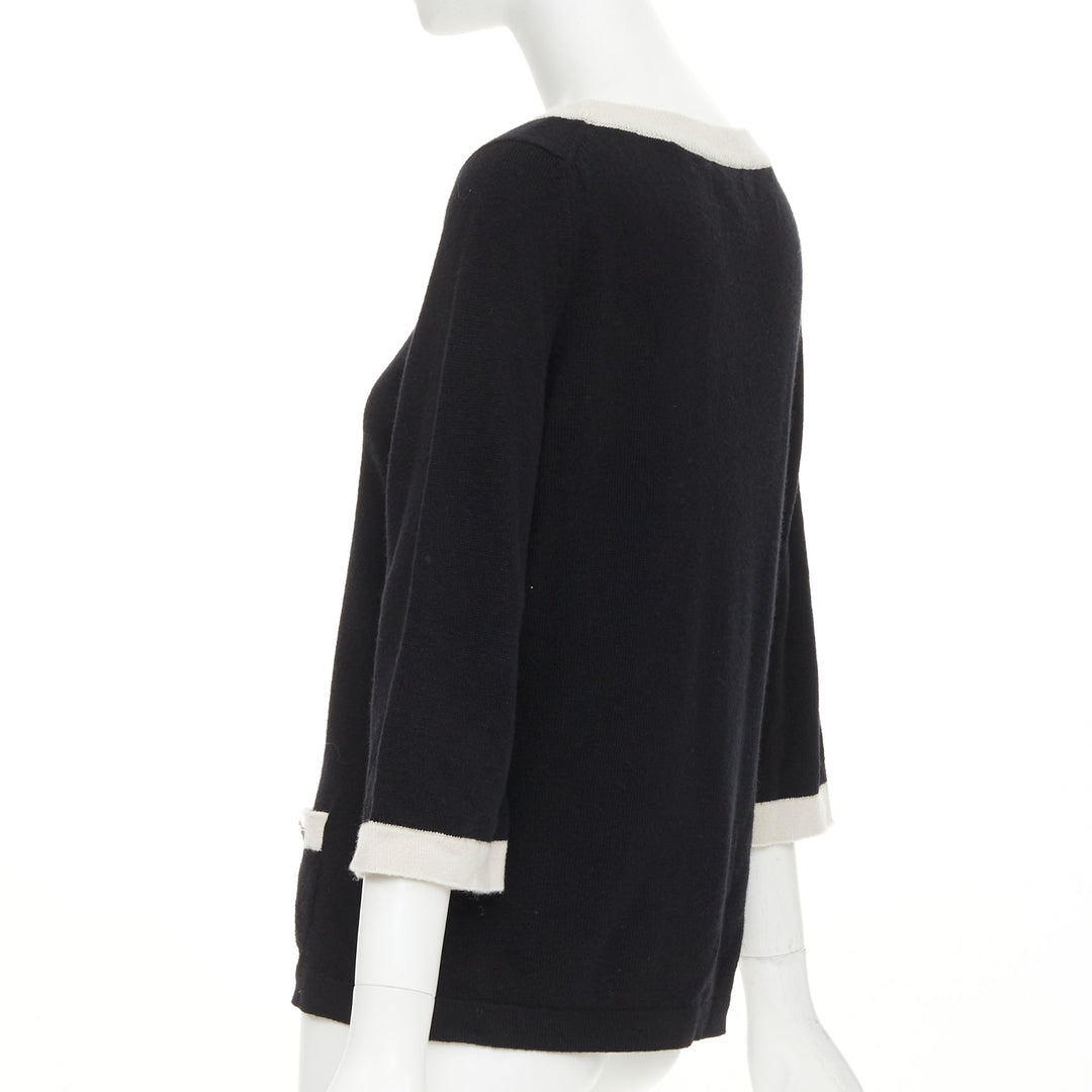 CHANEL black 100% cashmere white contrast trim CC button pocket pullover FR40 L