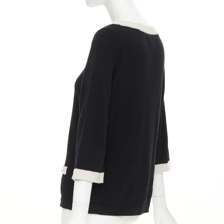 CHANEL black 100% cashmere white contrast trim CC button pocket pullover FR40 L