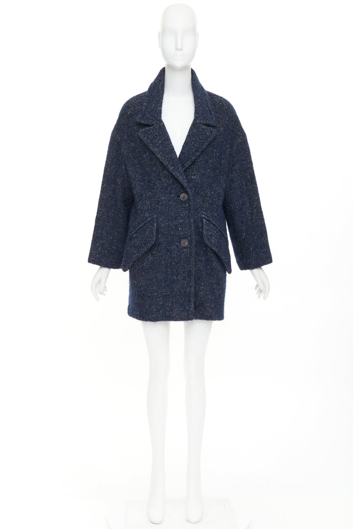 ISABEL MARANT ETOILE 2017 Osbert navy herringbone tweed collared coat FR36 S