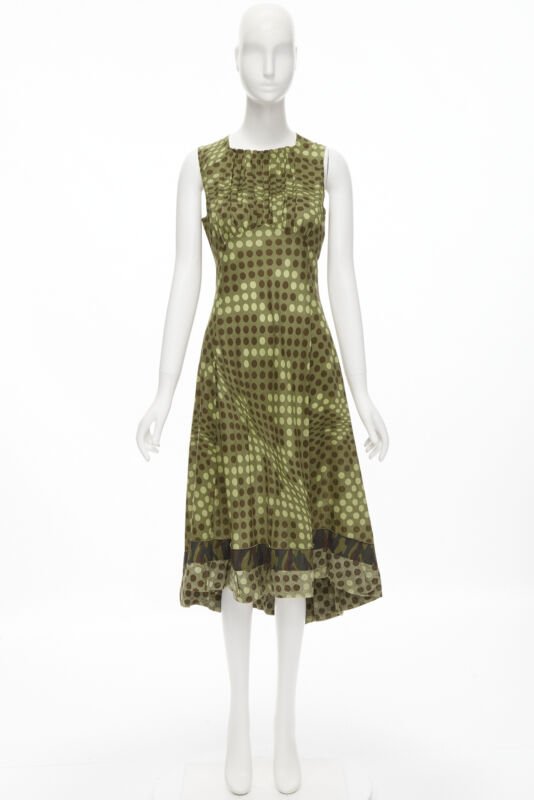 Runway COMME DES GARCONS 2000 green polka dot cotton camouflage hem midi dress M