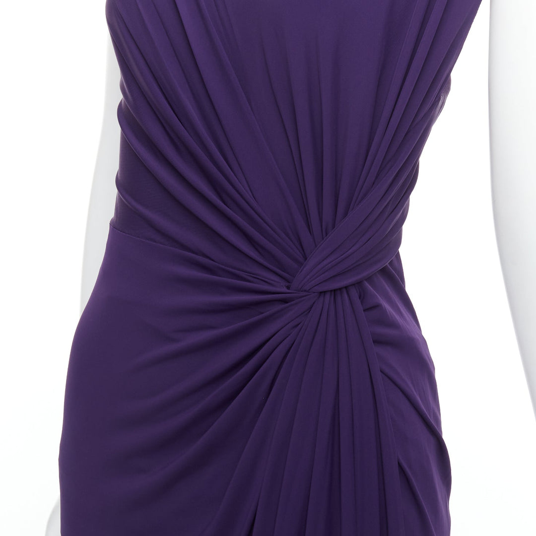 DONNA KARAN purple draped side knot criss cross back grecian dress L