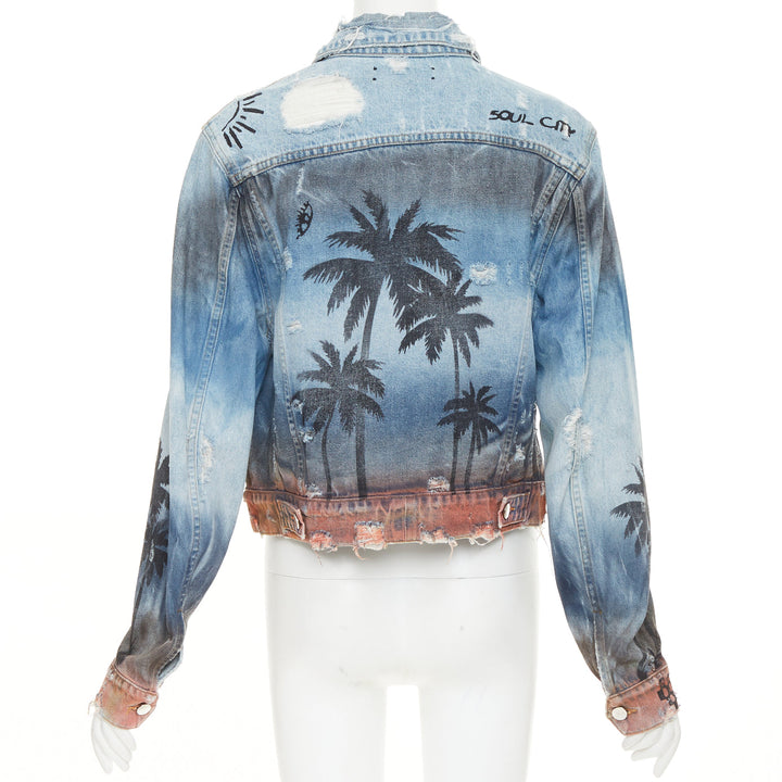 AMIRI 2017 Palm Tree Sunset airbrush blue distressed denim trucker jacket XS