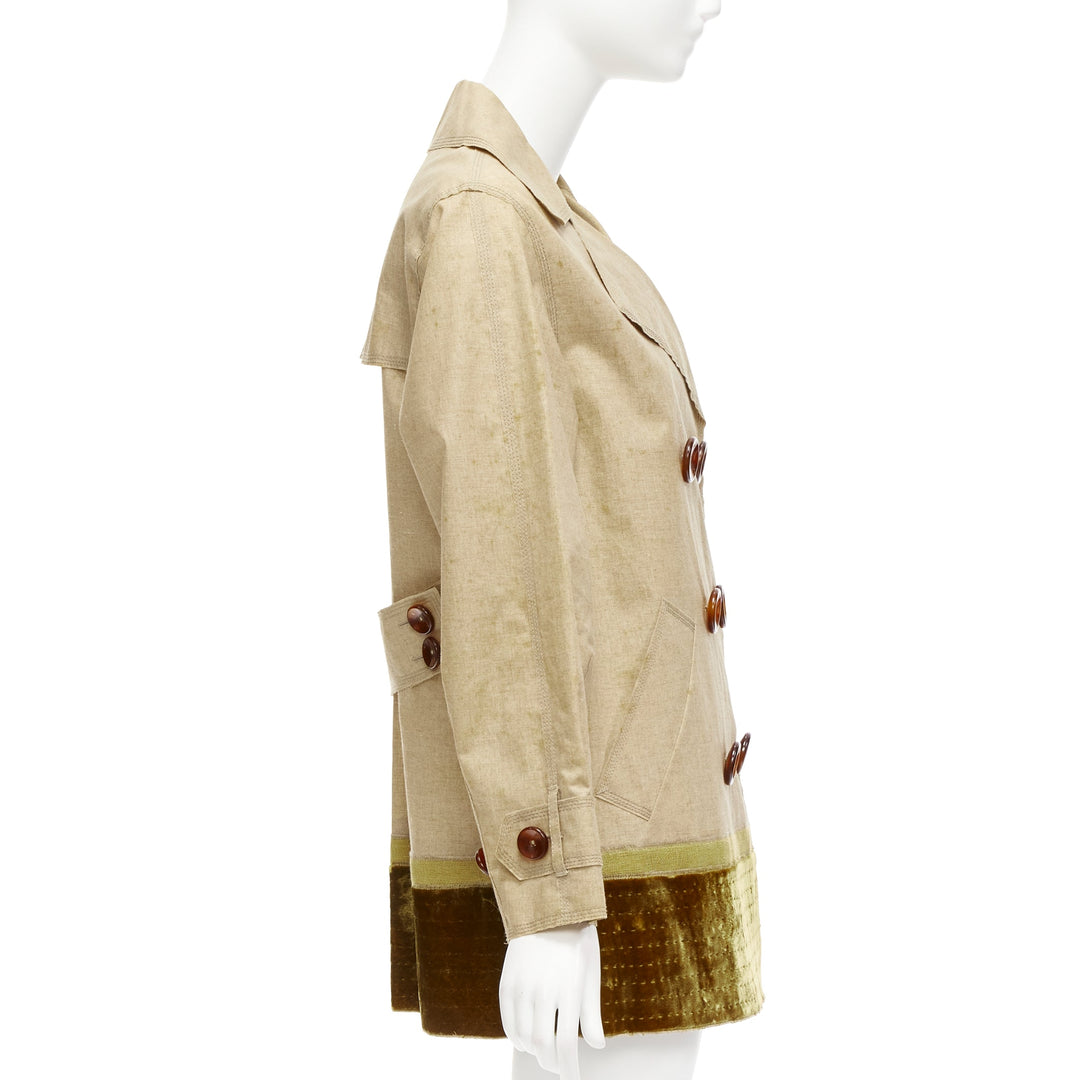 LOUIS VUITTON khaki coated linen gold velvet double breasted trench coat FR36 S