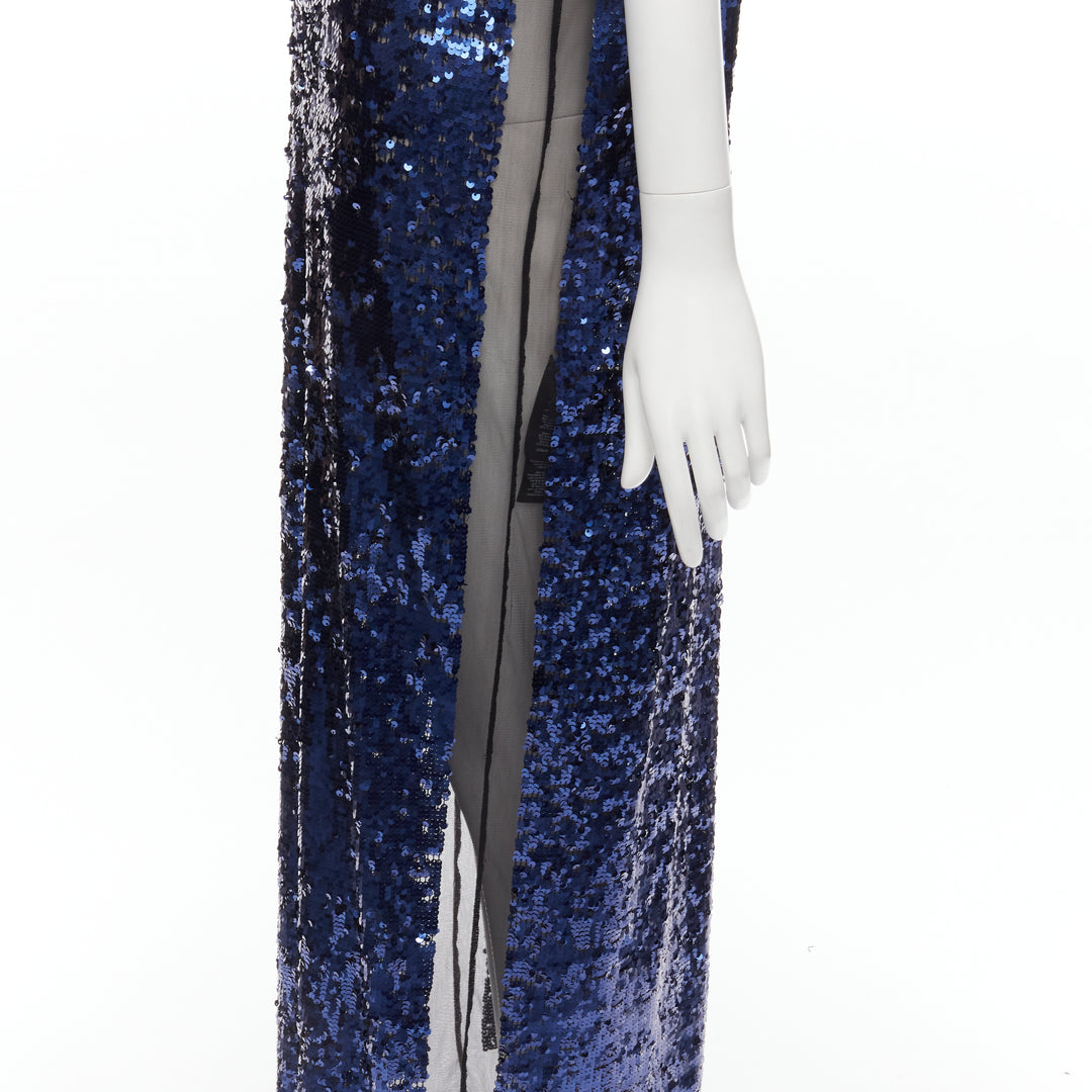 BY MALENE BIRGER blue sequins overlay black sheer evening gown dress M