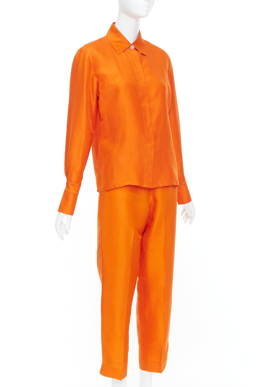 SHANGHAI TANG orange raw silk hidden placket long sleeve shirt trousers set XS