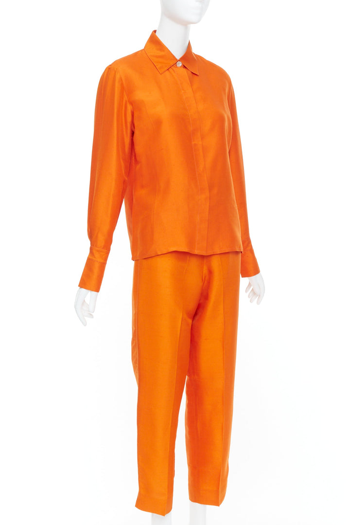 SHANGHAI TANG orange raw silk hidden placket long sleeve shirt trousers set XS