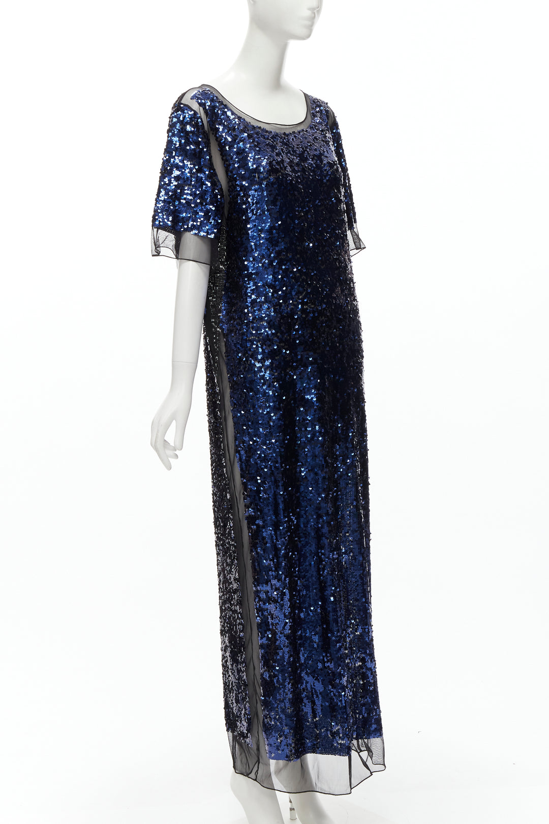 BY MALENE BIRGER blue sequins overlay black sheer evening gown dress M