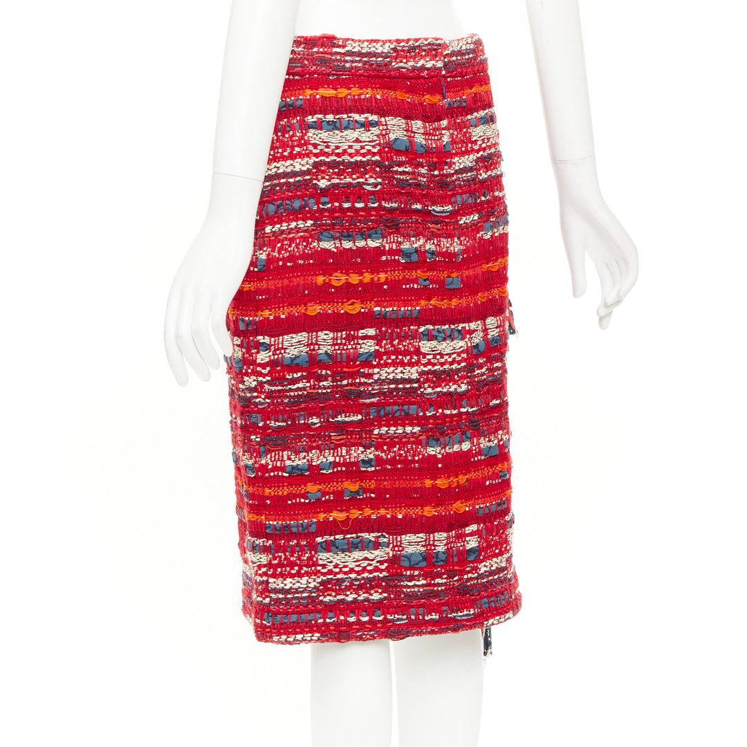 CHANEL 2013 Paris Dallas red multicolor cotton tweed fringe wrap skirt FR40 L