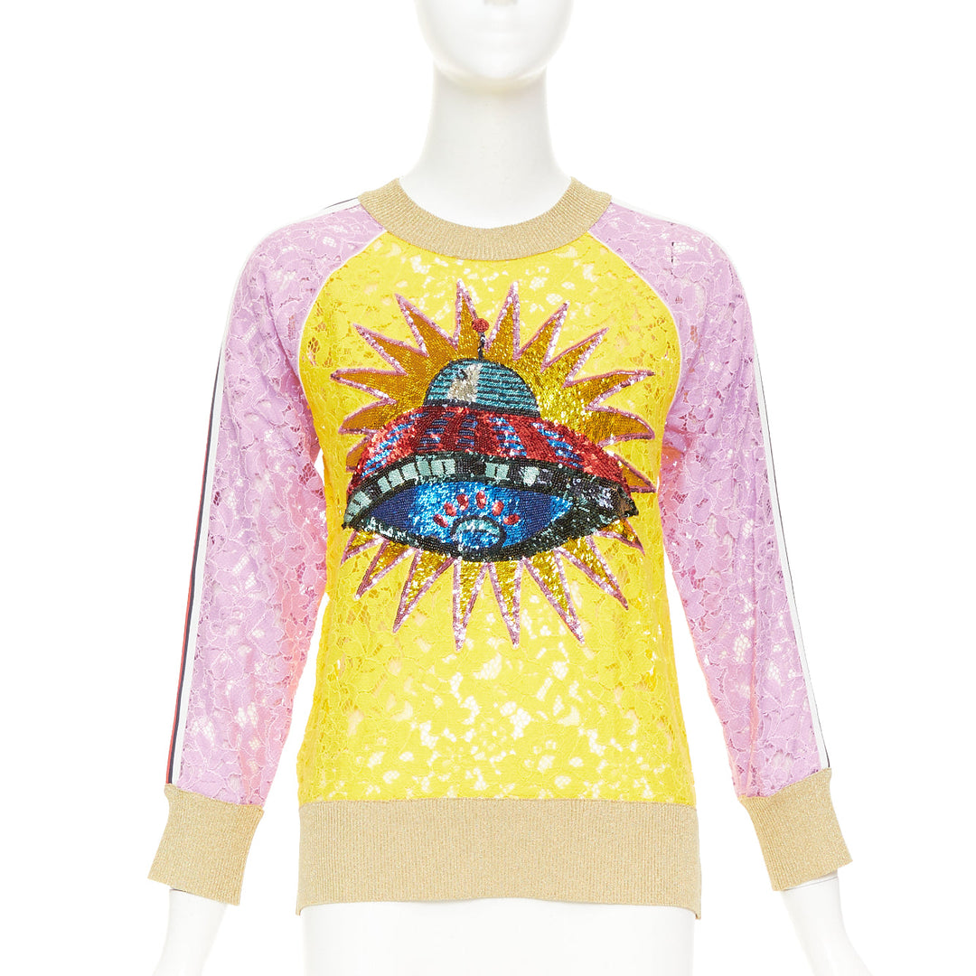 GUCCI multicolor lace UFO sunburst sequin applique pullover sweater top XS