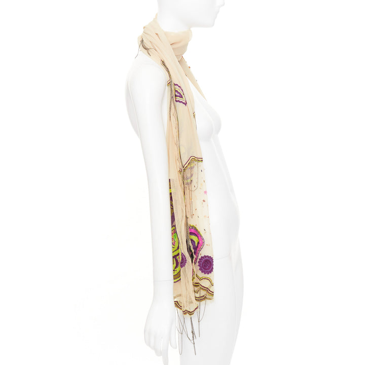 ETRO nude mesh green purple embroidered embellished beaded chain scarf