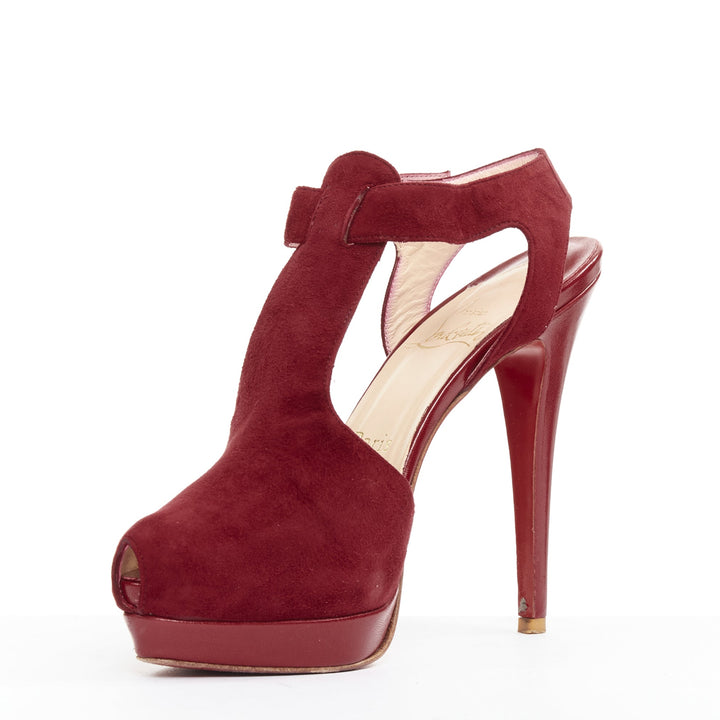 CHRISTIAN LOUBOUTIN Orlan 140 Suede dark red Tstrap platform buckle sandals EU38