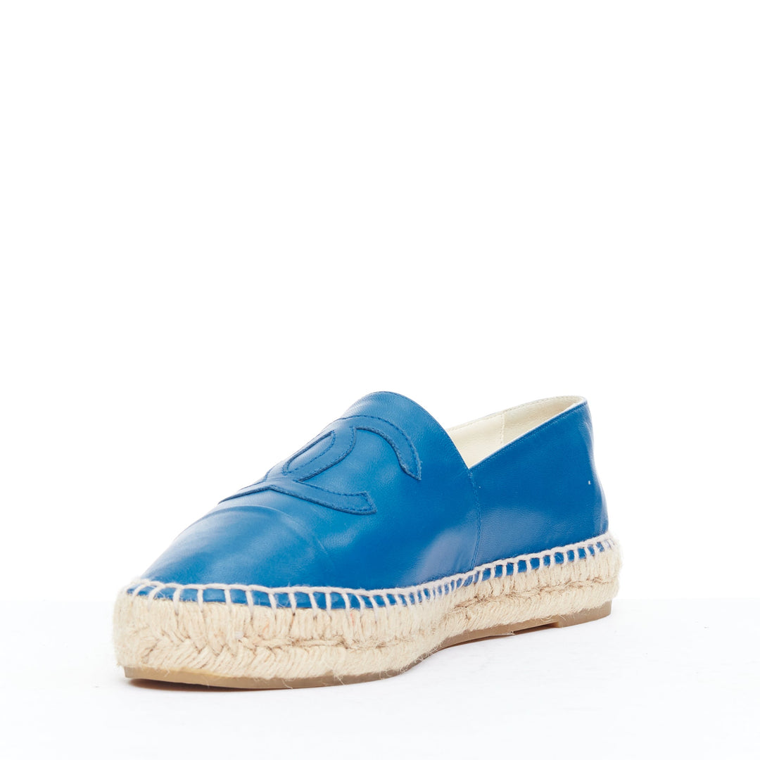 CHANEL blue leather CC logo jute espadrille shoes EU38