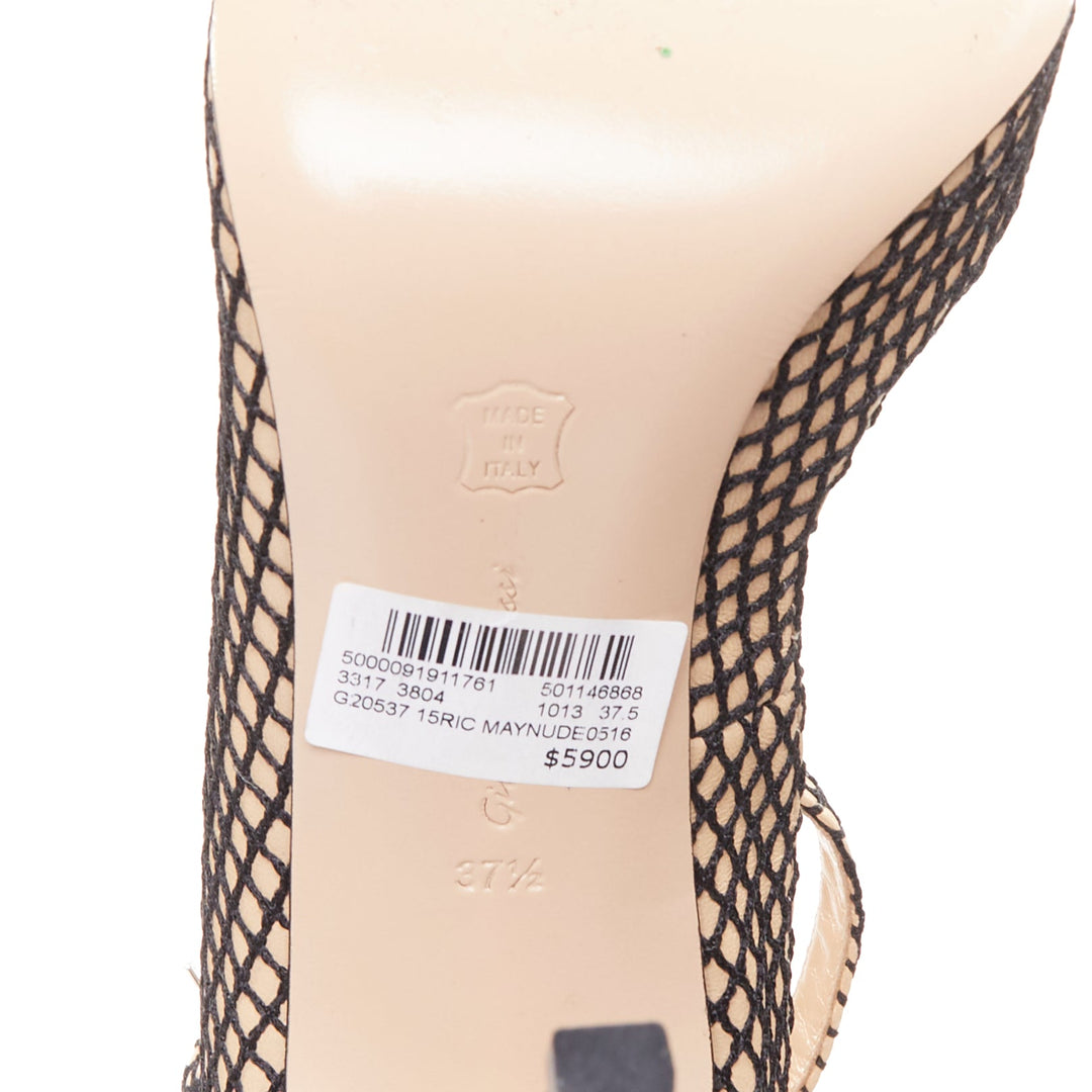 GIANVITO ROSSI Sofia nude nappa black fishnet ankle straps pumps EU37.5