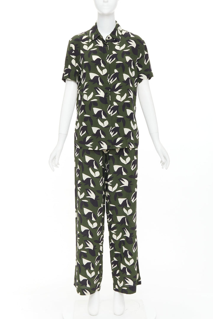 MATTEAU  100% silk  green black geometric print shirt pant set UK6 XS