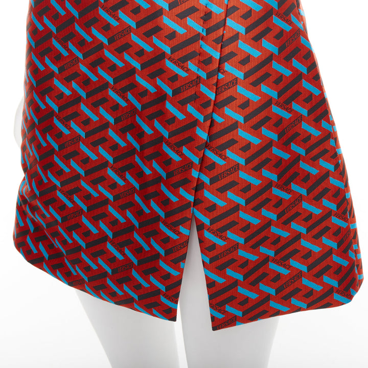 VERSACE 2021 La Greca red blue black logo geometric split mini skirt IT36 XXS