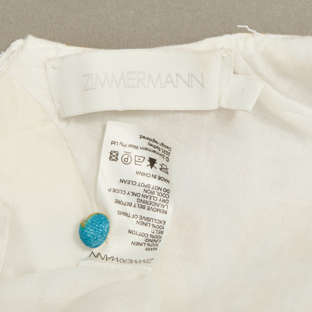 ZIMMERMANN Estelle white linen multicolor floral print belted mini dress Sz.1 XS