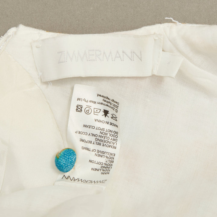 ZIMMERMANN Estelle white linen multicolor floral print belted mini dress Sz.1 XS
