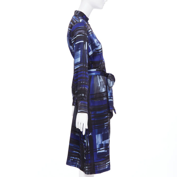 MARINA RINALDI 100% silk blue black brush print belted shirt dress Sz.15 M