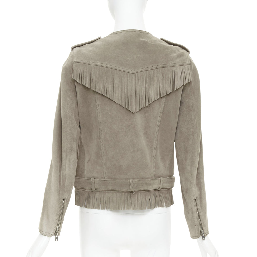 THE KOOPLES taupe cow suede leather western fringe belted biker jacket M
