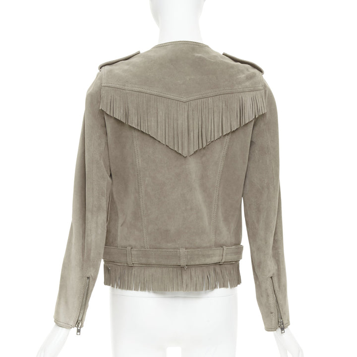 THE KOOPLES taupe cow suede leather western fringe belted biker jacket M