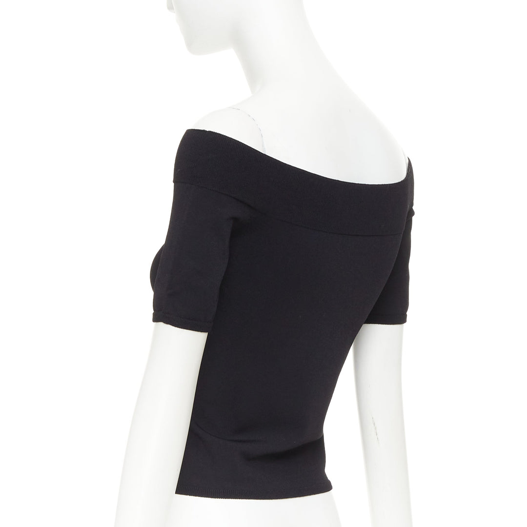 ALEXANDER MCQUEEN black off shoulder ribbed knit half sleeves cropped sweater