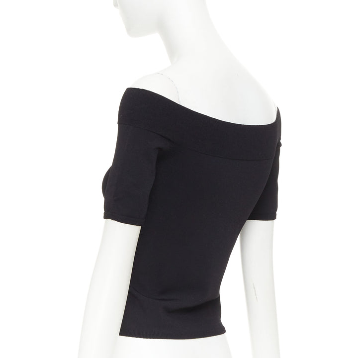 ALEXANDER MCQUEEN black off shoulder ribbed knit half sleeves cropped sweater