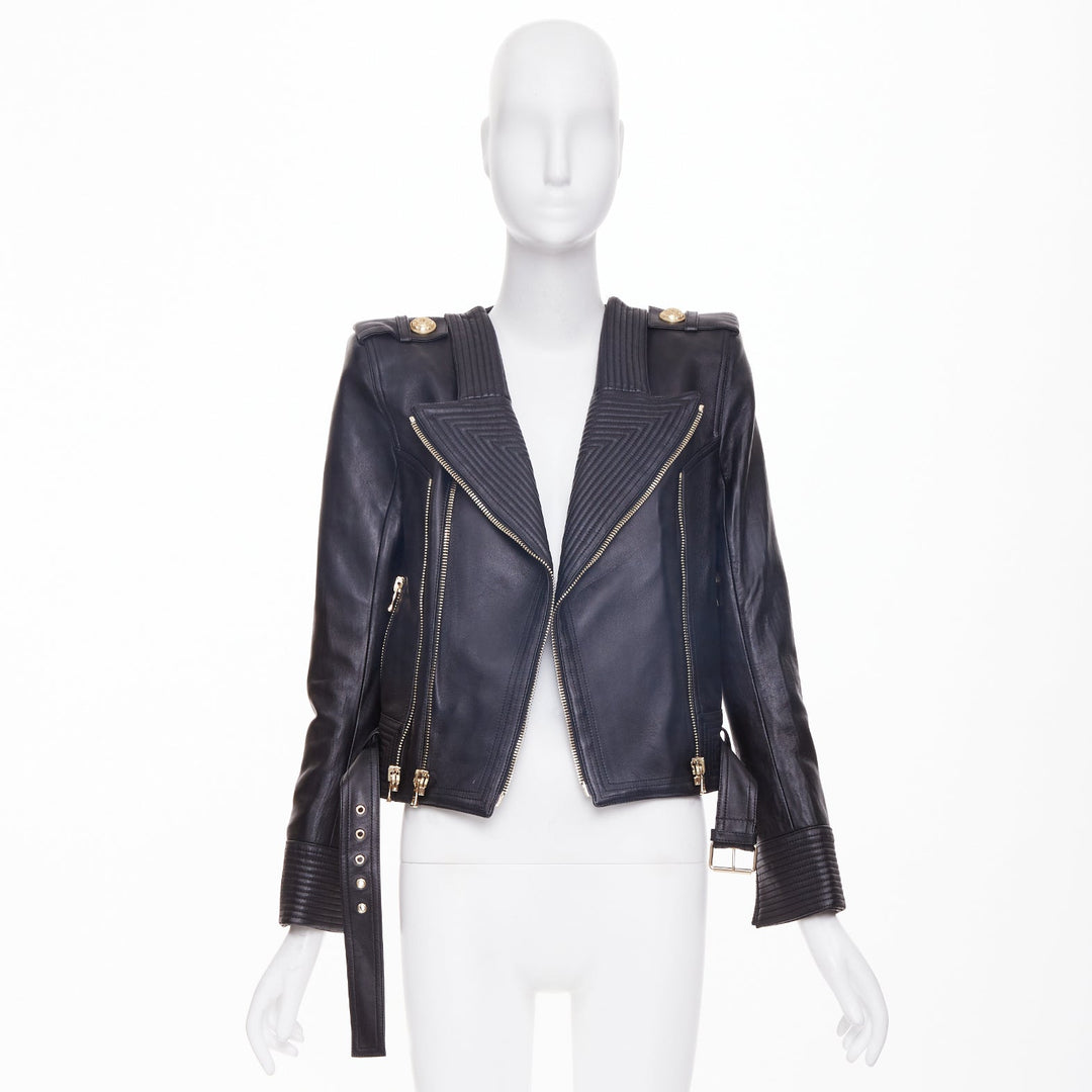 BALMAIN 2020 black quilted lambskin leather belted perfecto biker jacket FR34 XS