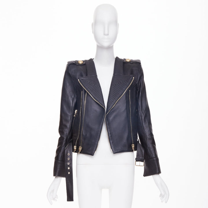 BALMAIN 2020 black quilted lambskin leather belted perfecto biker jacket FR34 XS