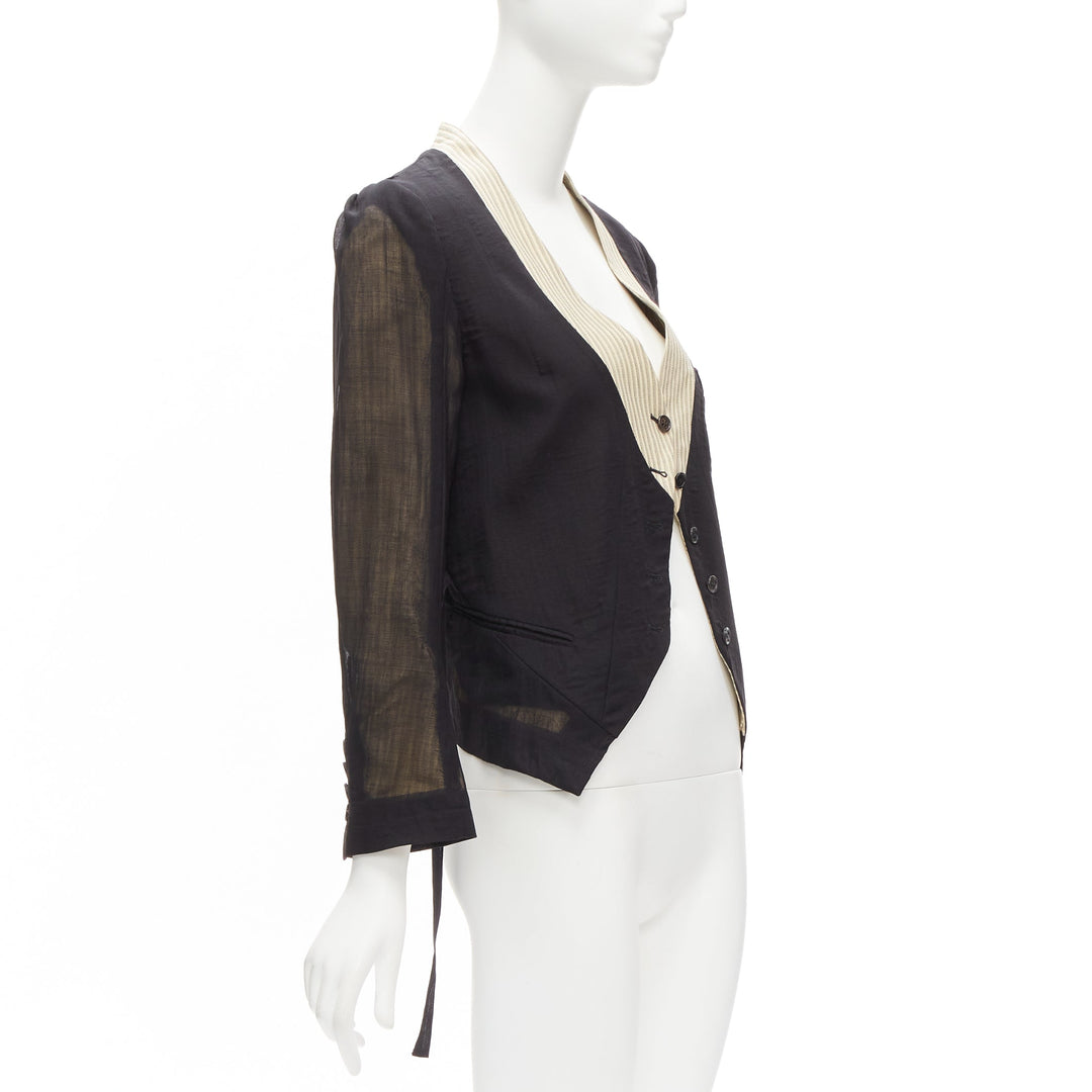 ANN DEMEULEMEESTER black overlay sheer cream topstitched jacket FR36 S