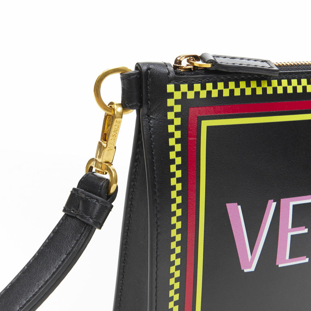 VERSACE 90s graphic logo black calf zip pouch crossbody clutch bag