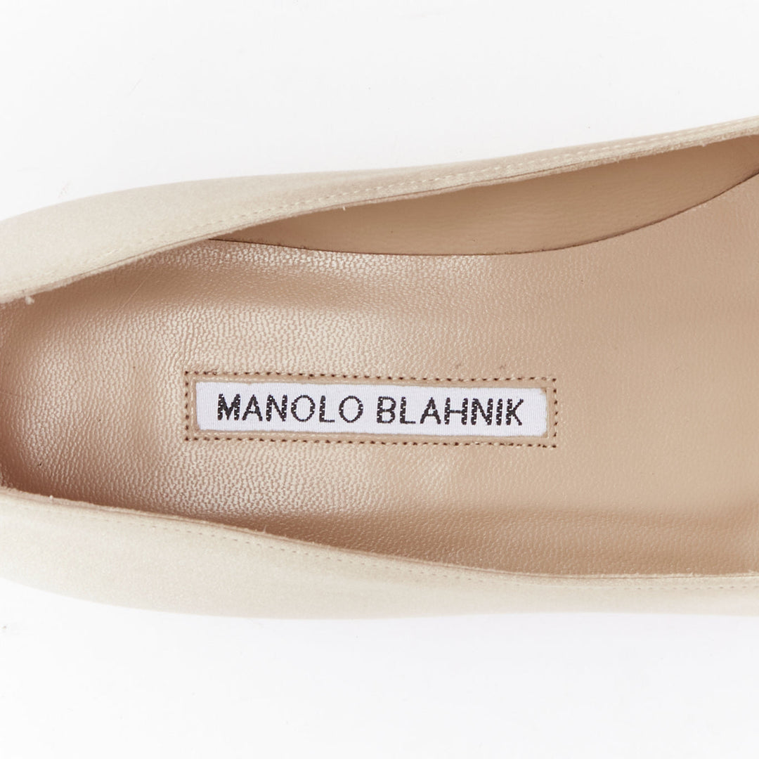 MANOLO BLAHNIK Hangisi beige satin crystal buckle pointy flats EU38.5