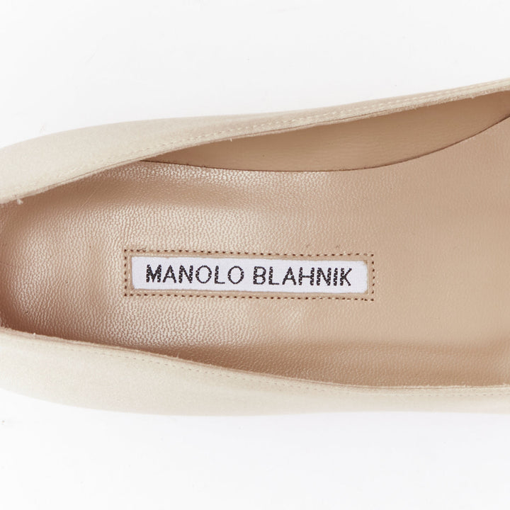 MANOLO BLAHNIK Hangisi beige satin crystal buckle pointy flats EU38.5