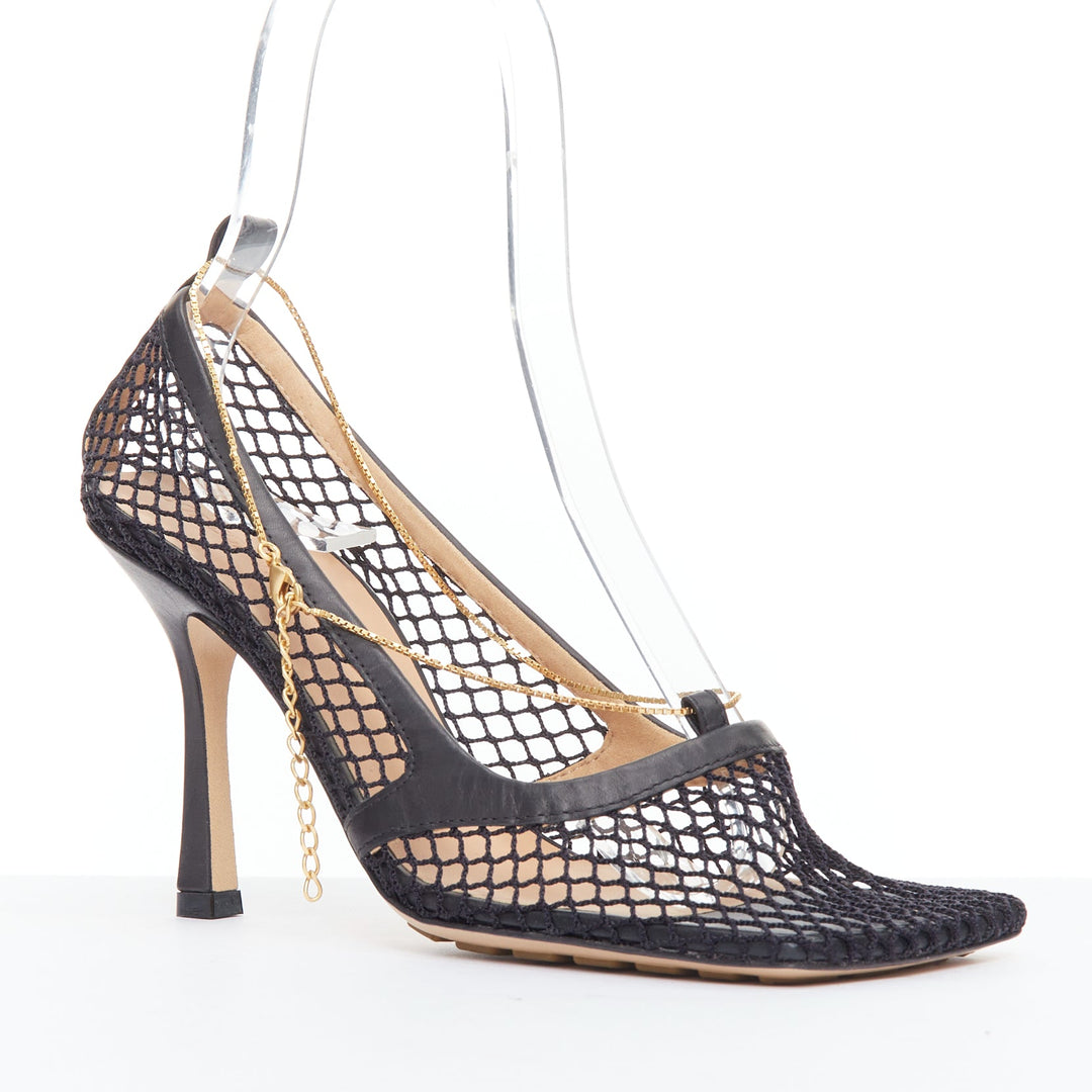 BOTTEGA VENETA Stretch black leather mesh net gold chain spool heels EU37