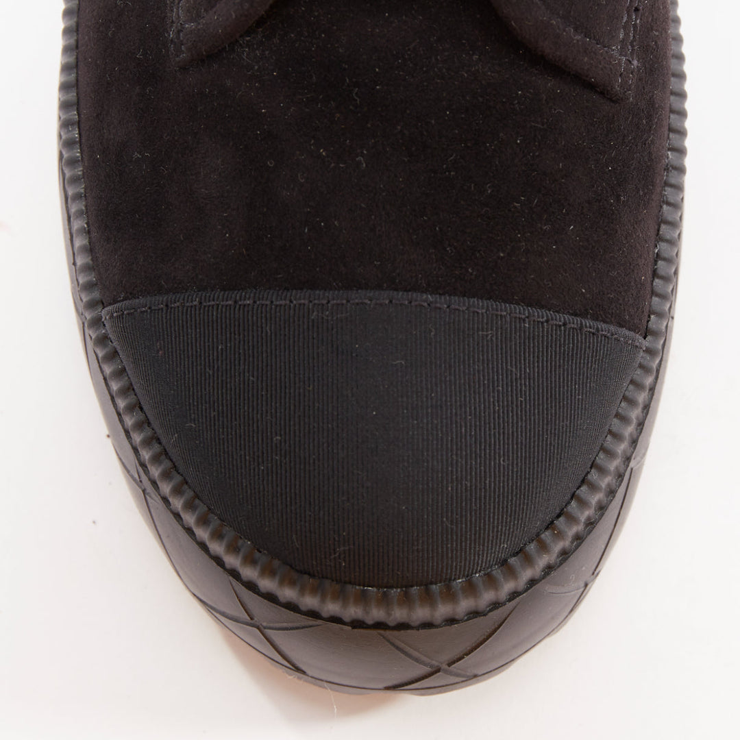 CHANEL 2023 black quilted suede silver CC cap toe platform combat boots EU37.5
