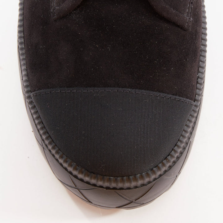 CHANEL 2023 black quilted suede silver CC cap toe platform combat boots EU37.5