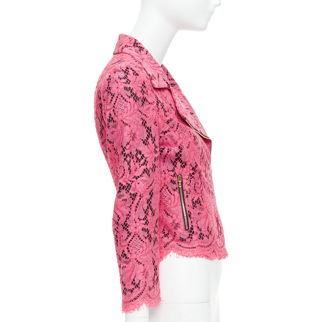 MSGM pink cotton blend lace side zip cropped biker jacket IT40 S