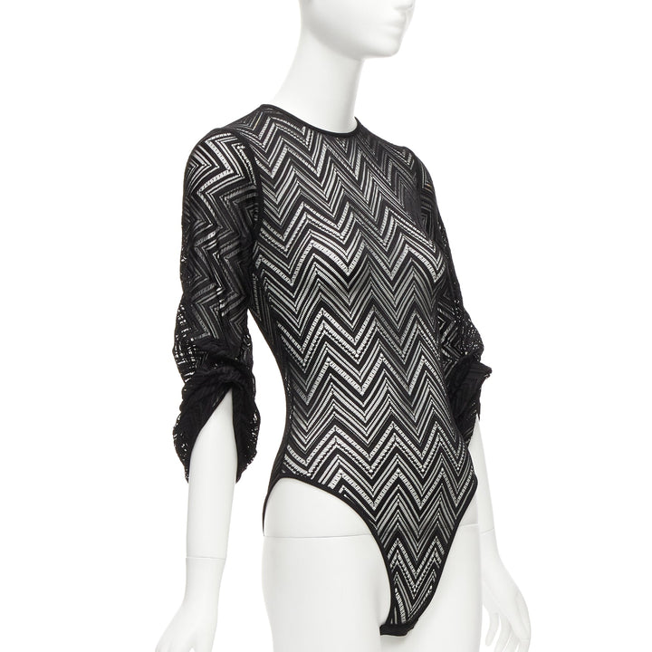 ROLAND MOURET black chevron lattice lace draped charm sleeves bodysuit top XS