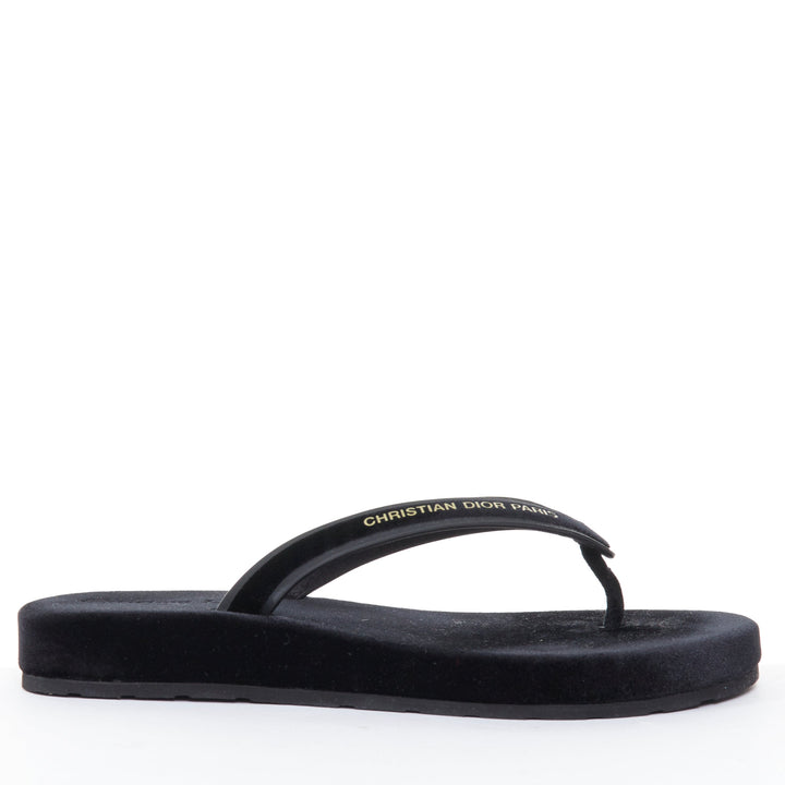 CHRISTIAN DIOR 2023 Diorsea black velvet gold letter platform thong sandals EU37