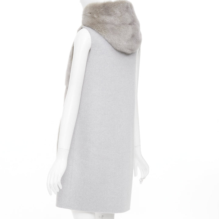 RIVER SKIN grey wool blend real fur panelled hooded long line gilet vest S
